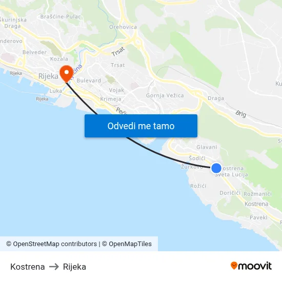 Kostrena to Rijeka map