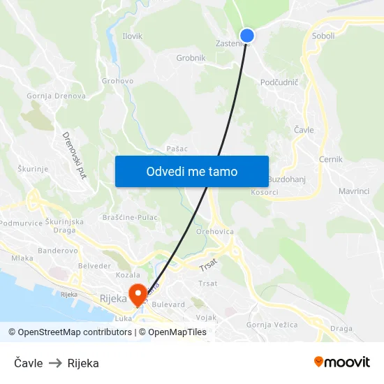 Čavle to Rijeka map