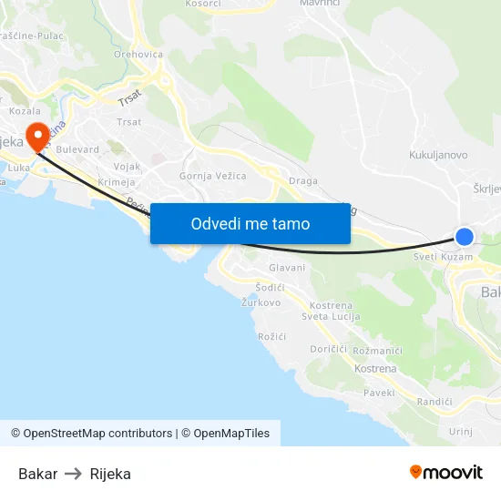 Bakar to Rijeka map