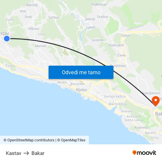 Kastav to Bakar map