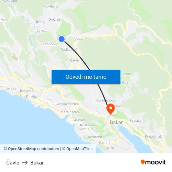 Čavle to Bakar map