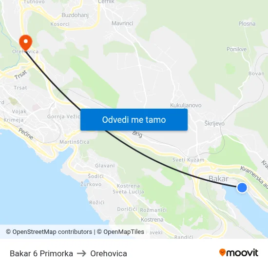 Bakar 6 Primorka to Orehovica map