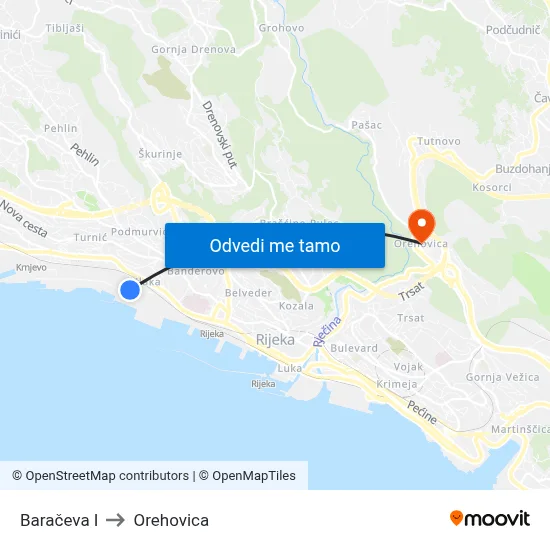 Baračeva I to Orehovica map