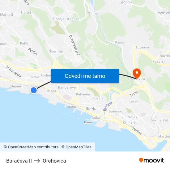 Baračeva II to Orehovica map