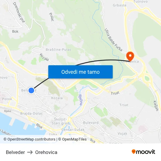 Belveder to Orehovica map