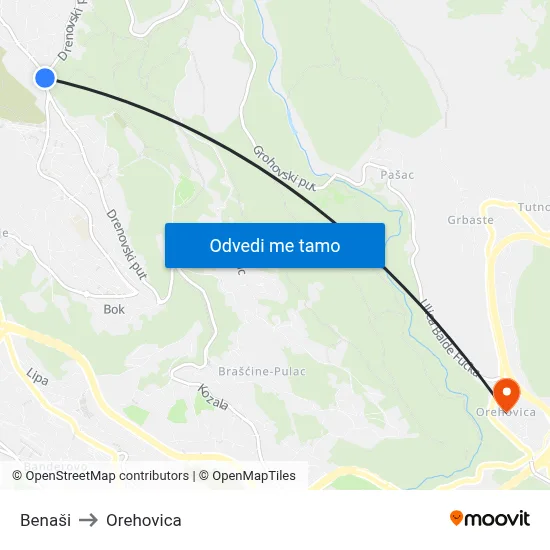 Benaši to Orehovica map