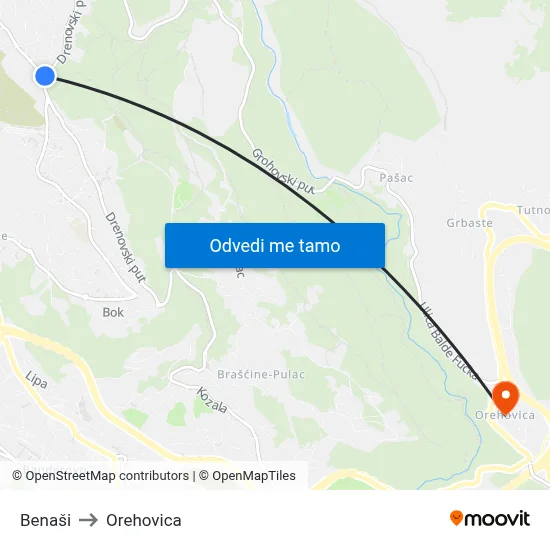 Benaši to Orehovica map