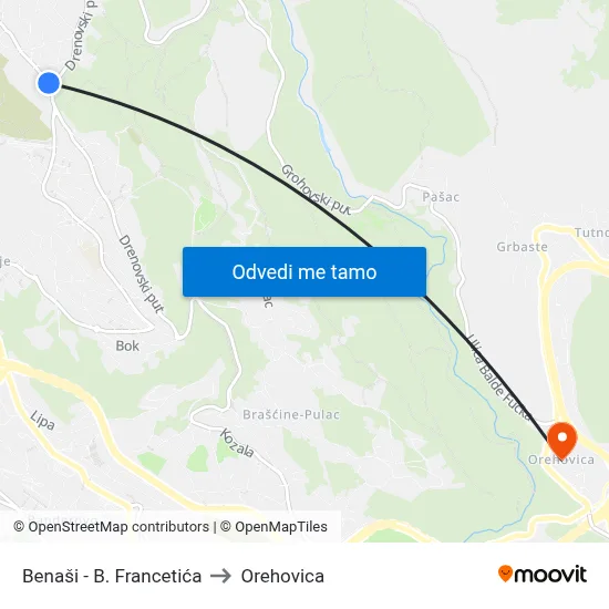 Benaši - B. Francetića to Orehovica map