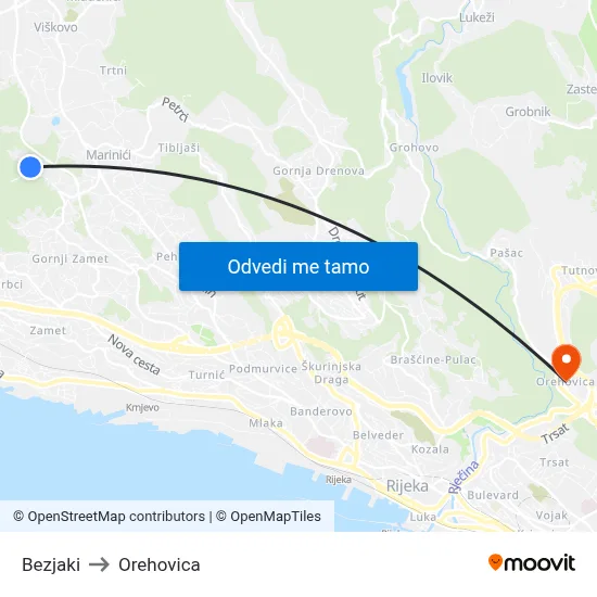 Bezjaki to Orehovica map