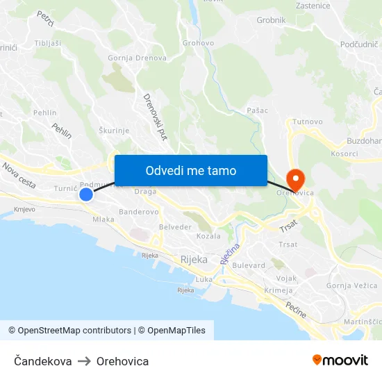 Čandekova to Orehovica map
