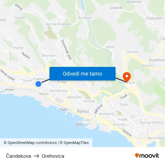 Čandekova to Orehovica map