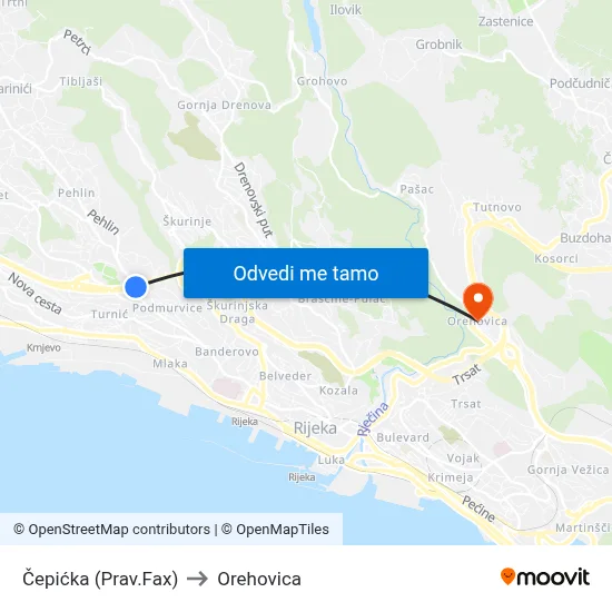 Čepićka (Prav.Fax) to Orehovica map