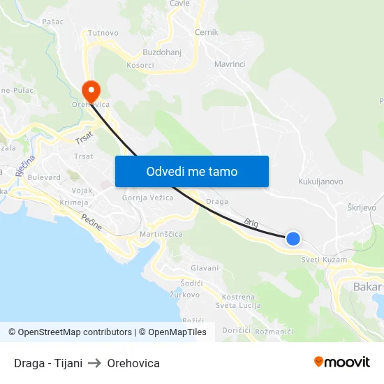 Draga - Tijani to Orehovica map