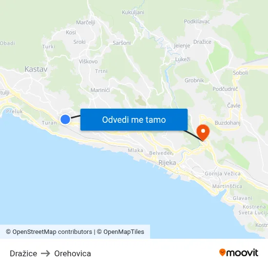 Dražice to Orehovica map