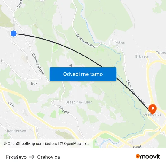 Frkaševo to Orehovica map