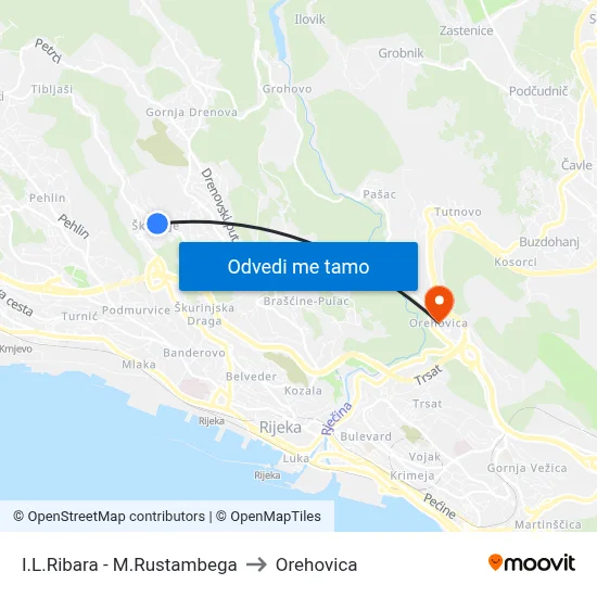 I.L.Ribara - M.Rustambega to Orehovica map
