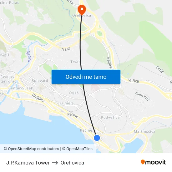 J.P.Kamova Tower to Orehovica map
