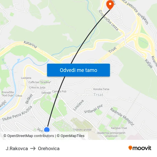 J.Rakovca to Orehovica map