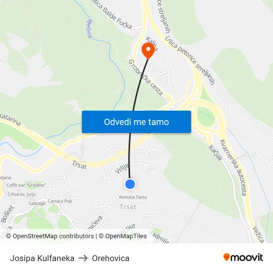 Josipa Kulfaneka to Orehovica map