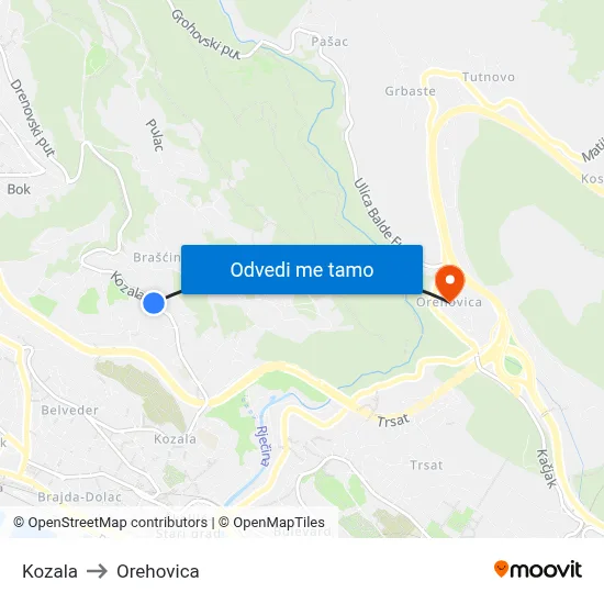 Kozala to Orehovica map