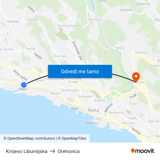 Krnjevo Liburnijska to Orehovica map