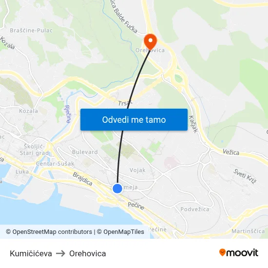 Kumičićeva to Orehovica map