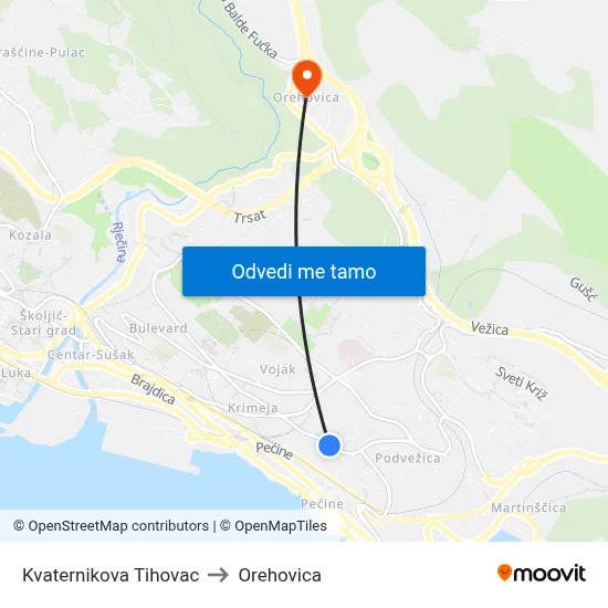 Kvaternikova Tihovac to Orehovica map