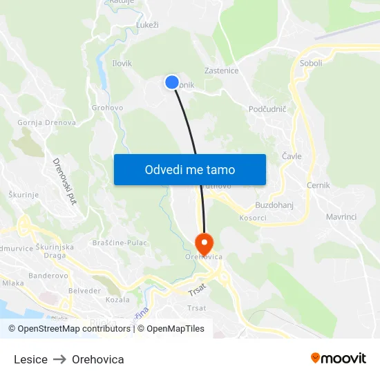 Lesice to Orehovica map