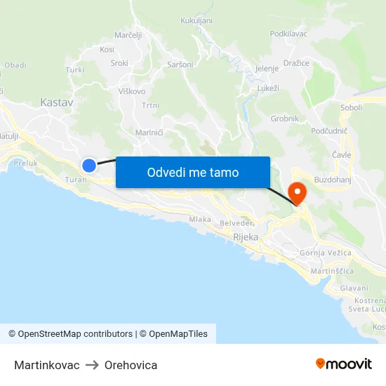 Martinkovac to Orehovica map