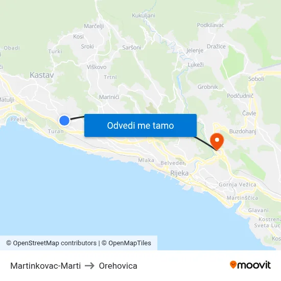 Martinkovac-Marti to Orehovica map