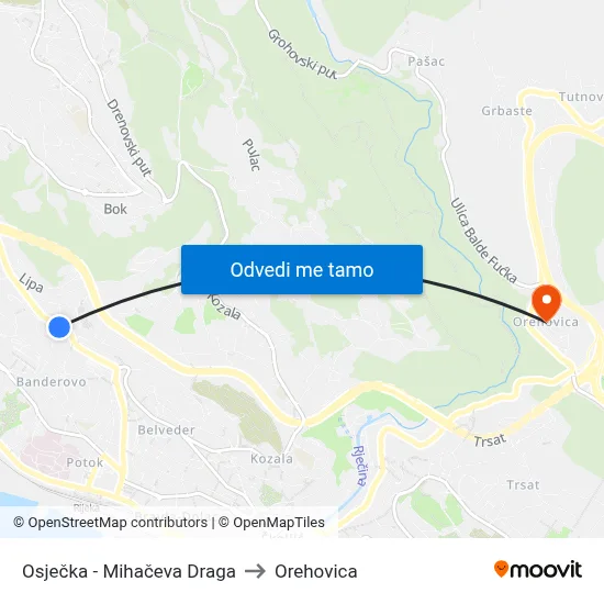 Osječka - Mihačeva Draga to Orehovica map