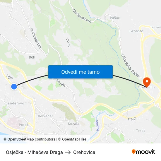 Osječka - Mihačeva Draga to Orehovica map