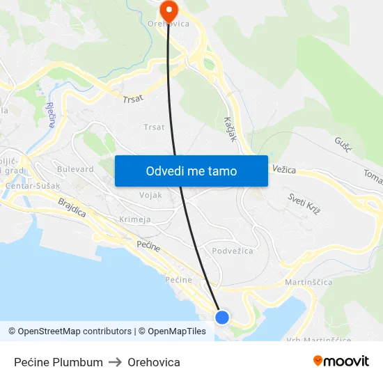 Pećine Plumbum to Orehovica map