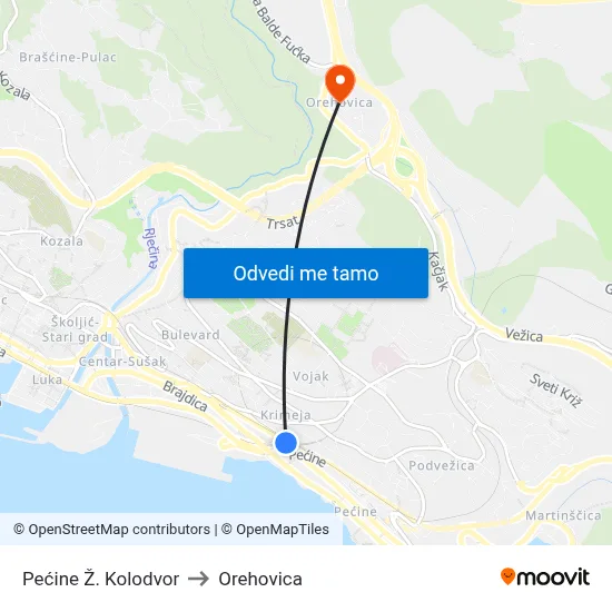 Pećine Ž. Kolodvor to Orehovica map