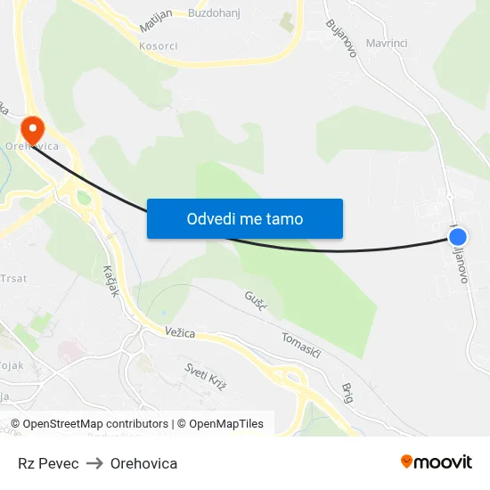 Rz Pevec to Orehovica map