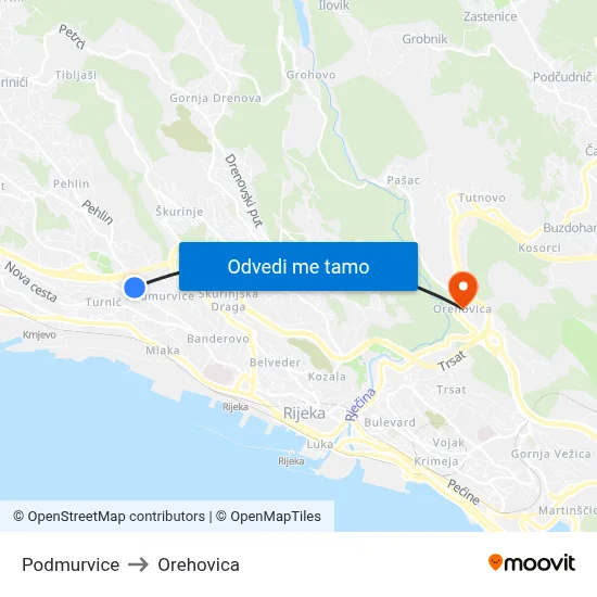 Podmurvice to Orehovica map