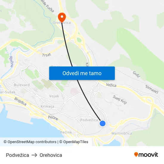 Podvežica to Orehovica map