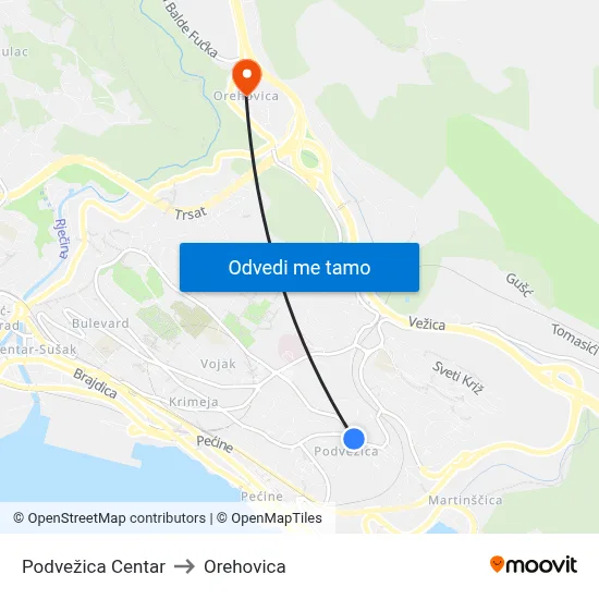 Podvežica  Centar to Orehovica map