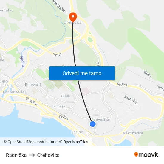 Radnička to Orehovica map