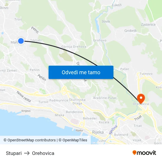 Stupari to Orehovica map
