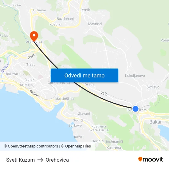Sveti Kuzam to Orehovica map