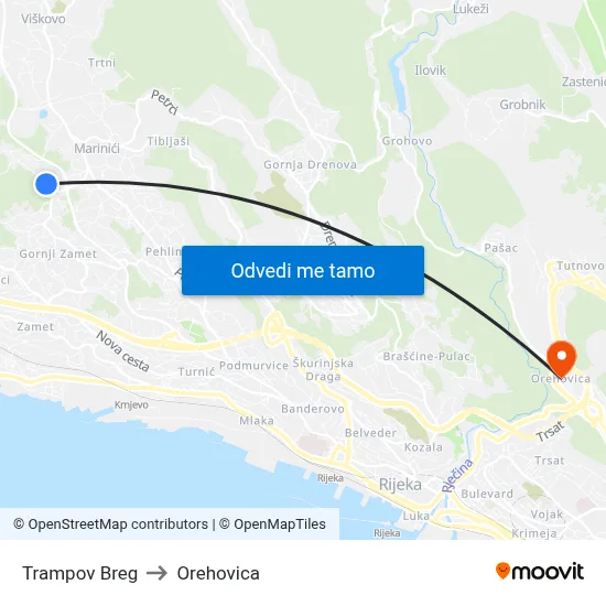 Trampov Breg to Orehovica map