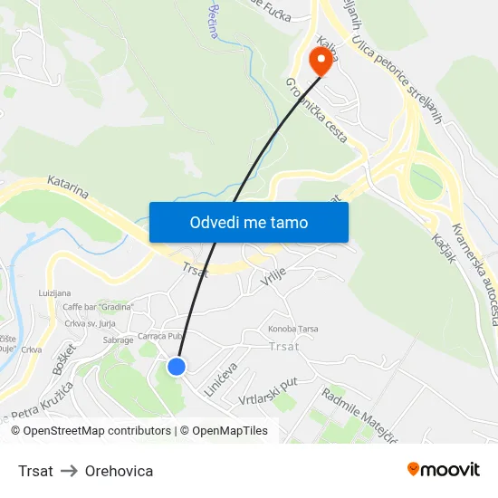 Trsat to Orehovica map