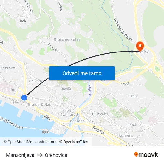 Manzonijeva to Orehovica map