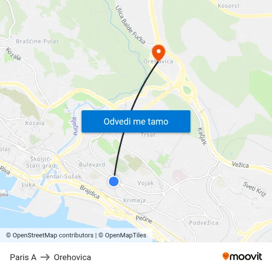 Paris A to Orehovica map