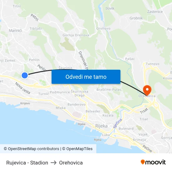Rujevica - Stadion to Orehovica map