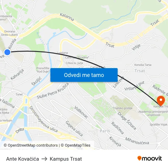 Ante Kovačića to Kampus Trsat map