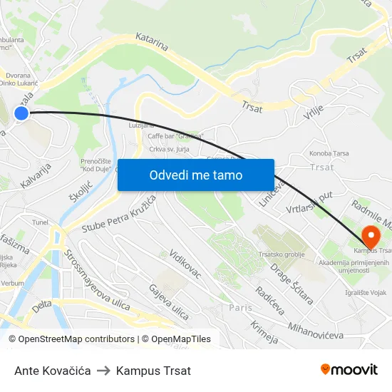 Ante Kovačića to Kampus Trsat map