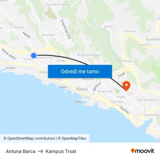 Antuna Barca to Kampus Trsat map