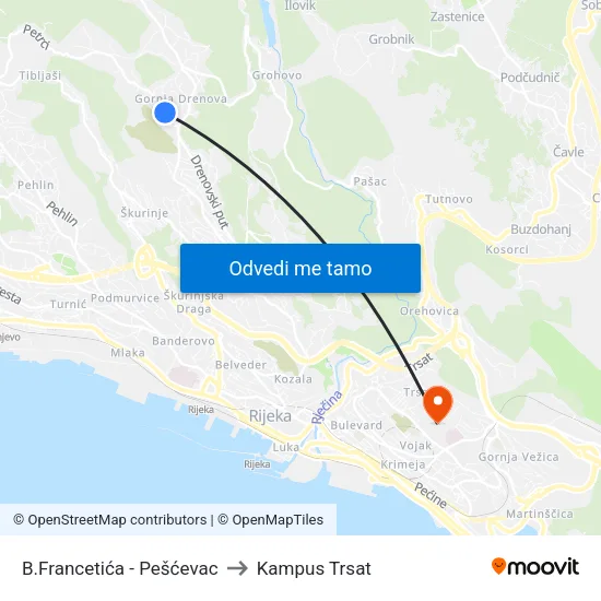 B.Francetića - Pešćevac to Kampus Trsat map